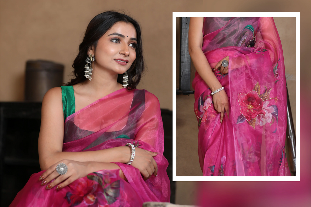 SHYAMIKA Linen Cotton Floral Digital Printed Pink Saree with Blouse