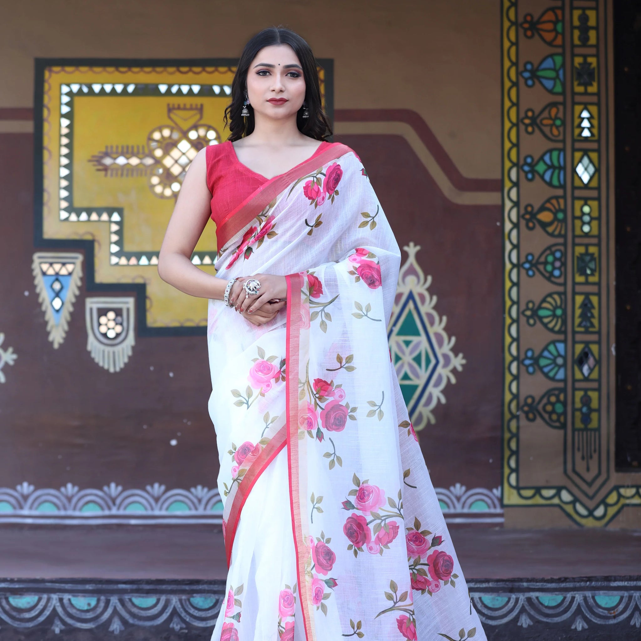 SHYAMIKA Khadi Cotton Digital Print Floral Saree with Blouse