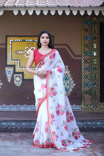 SHYAMIKA Khadi Cotton Digital Print Floral Saree with Blouse
