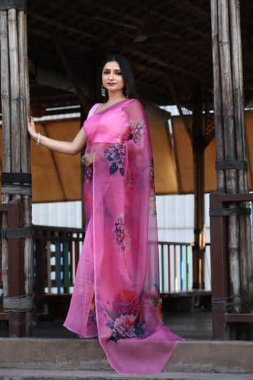 SHYAMIKA Linen Cotton Floral Digital Printed Light Pink Saree with Blouse