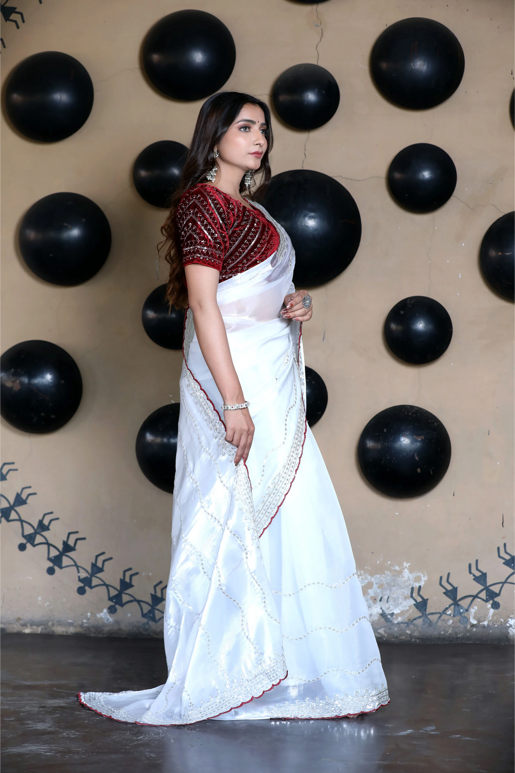 SHYAMIKA Silk Sequence Work White Saree with Blouse