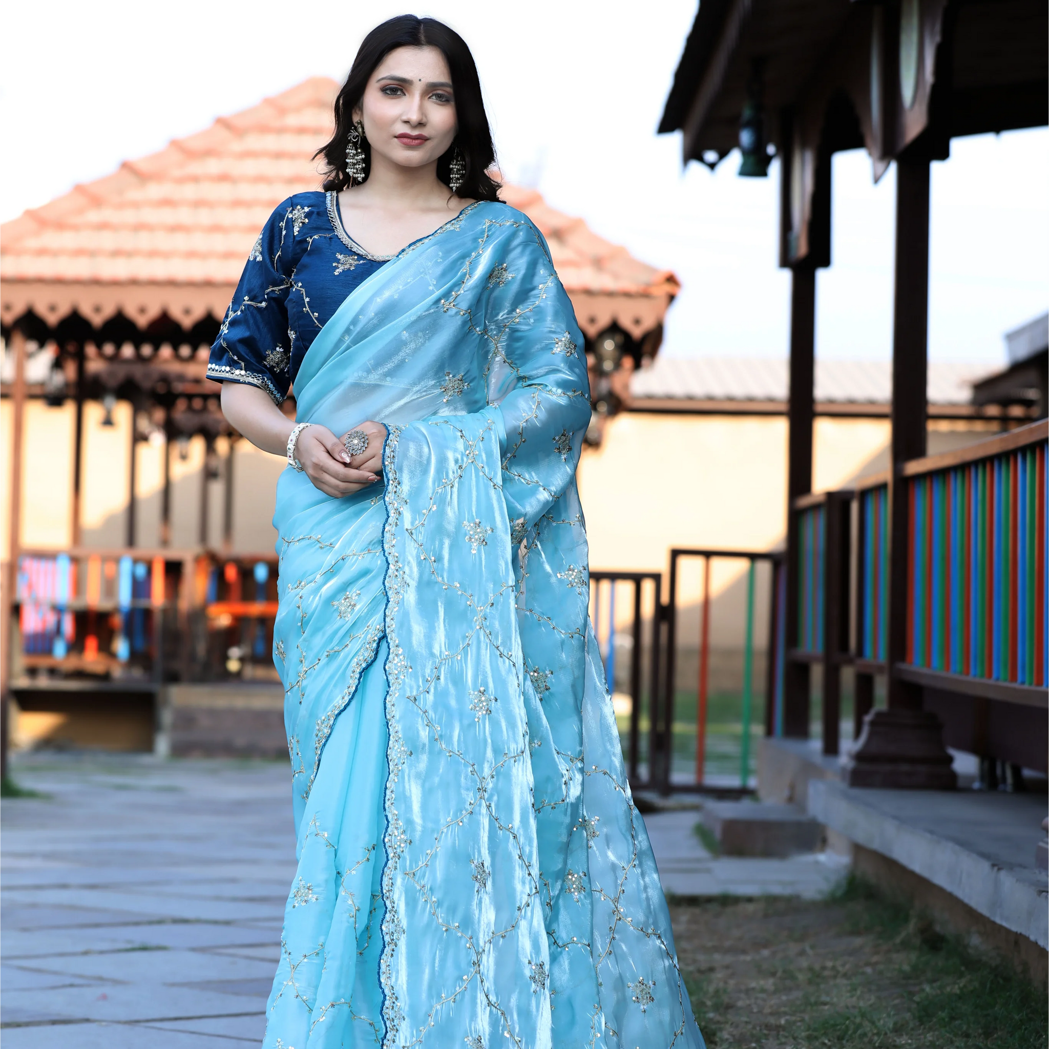 SHYAMIKA Silk Sequence Work Sky Blue Saree with Blouse
