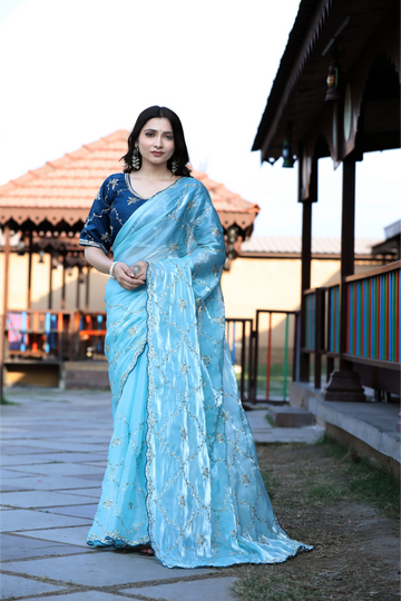 SHYAMIKA Silk Sequence Work Sky Blue Saree with Blouse