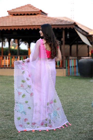 SHYAMIKA Linen Cotton Digital Floral Print Saree with Blouse