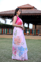 SHYAMIKA Linen Digital Flower Print white pink Saree with Blouse