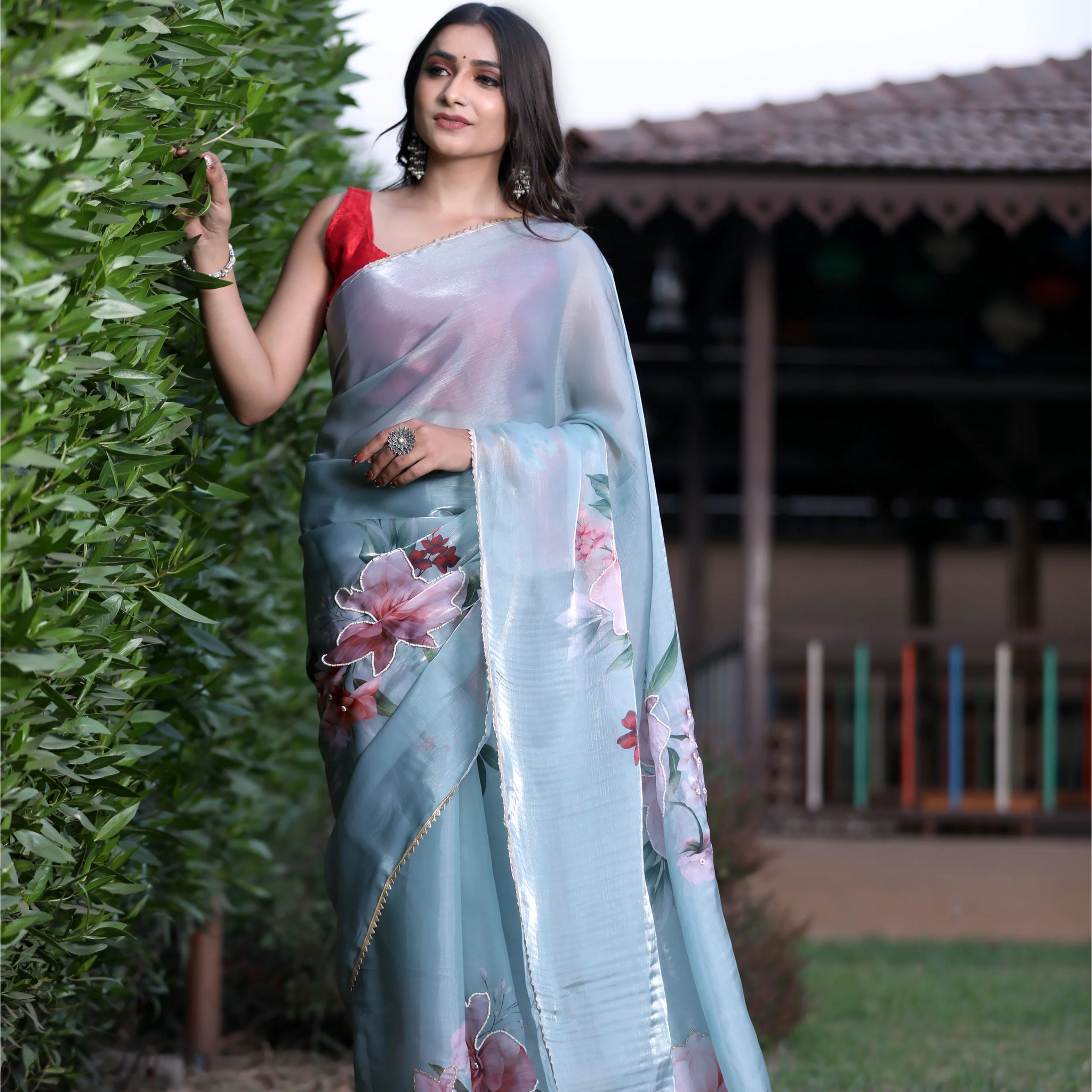 SHYAMIKA Silk Floral Lace Work Saree with Contrast Blouse