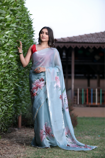 SHYAMIKA Silk Floral Lace Work Saree with Contrast Blouse