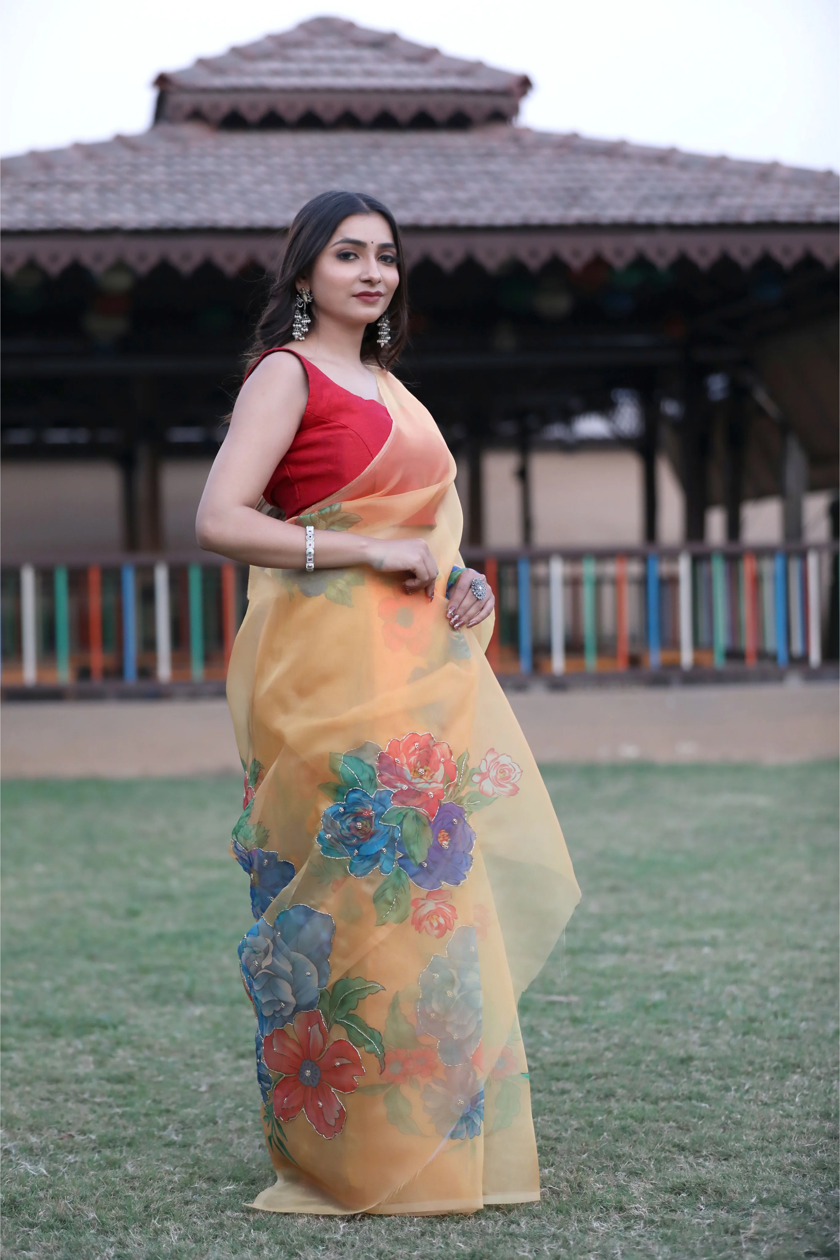 SHYAMIKA Silk Floral Lace Work Orange Saree with Blouse