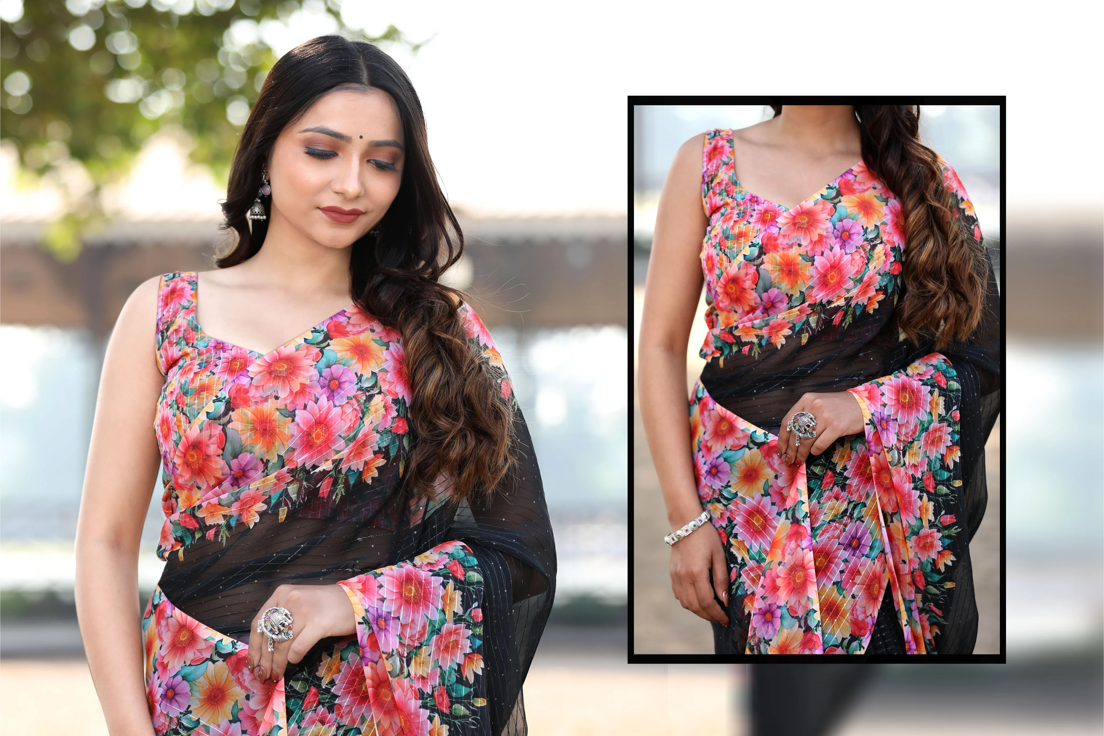SHYAMIKA Khadi Cotton Digital Print Black Saree with Blouse
