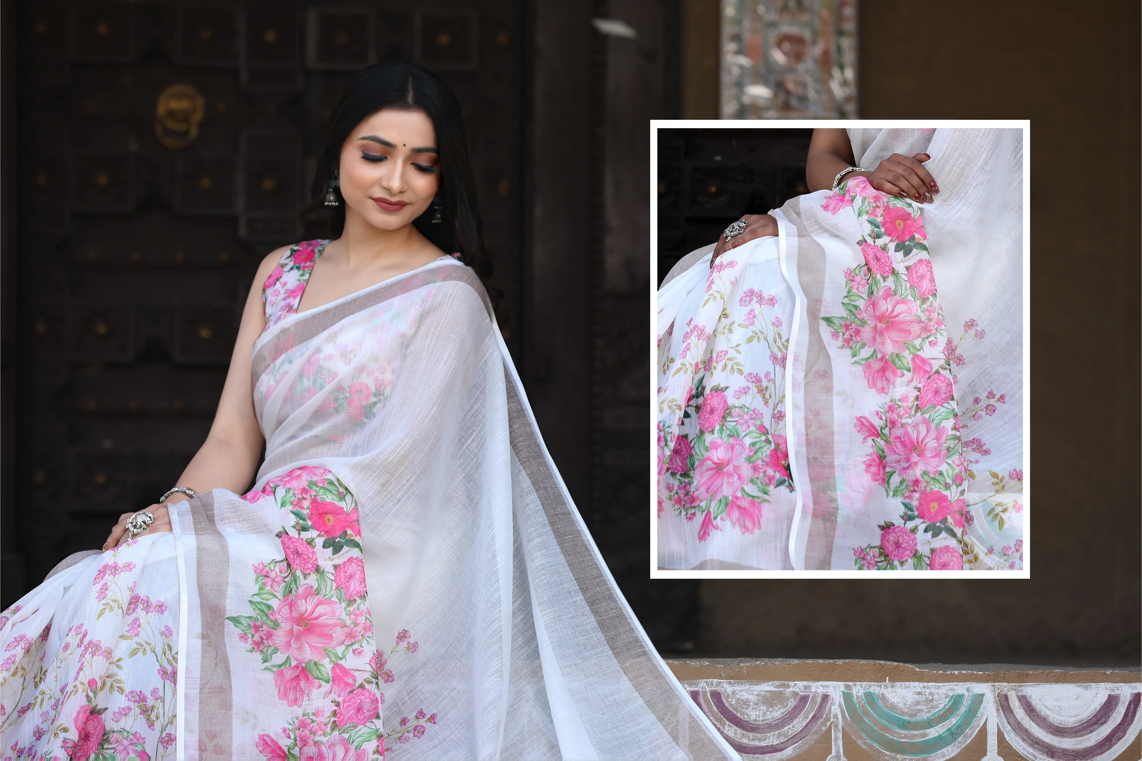 SHYAMIKA Khadi Cotton Digital Print White Saree with Blouse