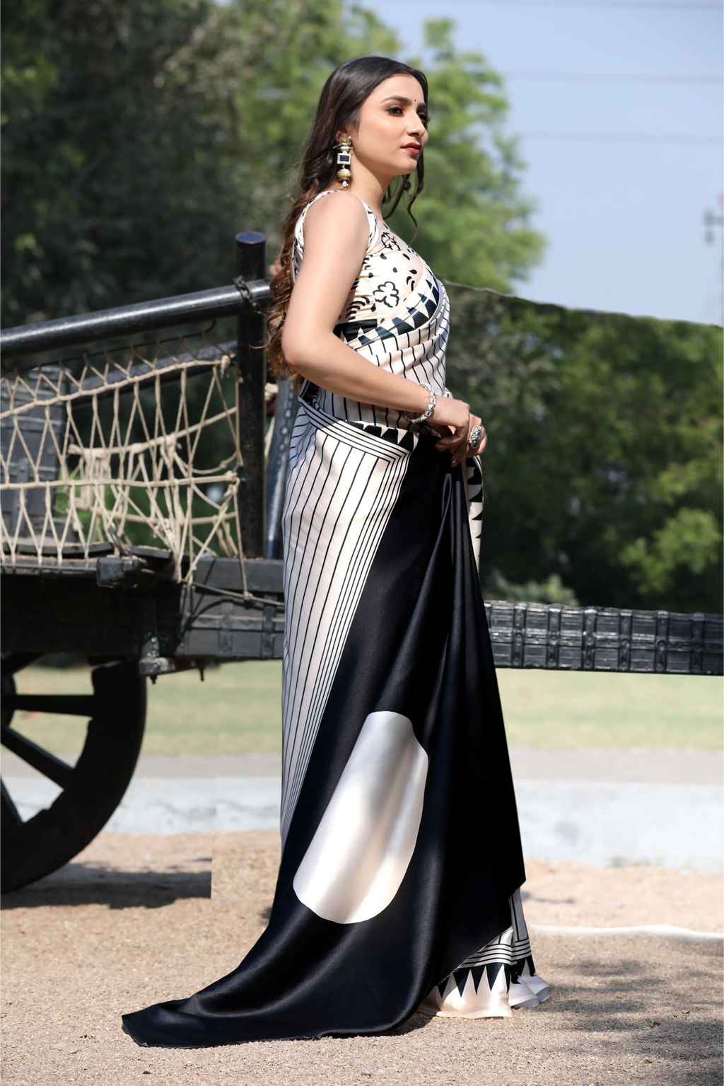 SHYAMIKA Japan Satin Digital Print Cream Saree with Blouse