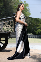 SHYAMIKA Japan Satin Digital Print Cream Saree with Blouse