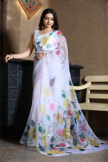 SHYAMIKA Khadi Cotton Digital Flower Print Saree with Blouse
