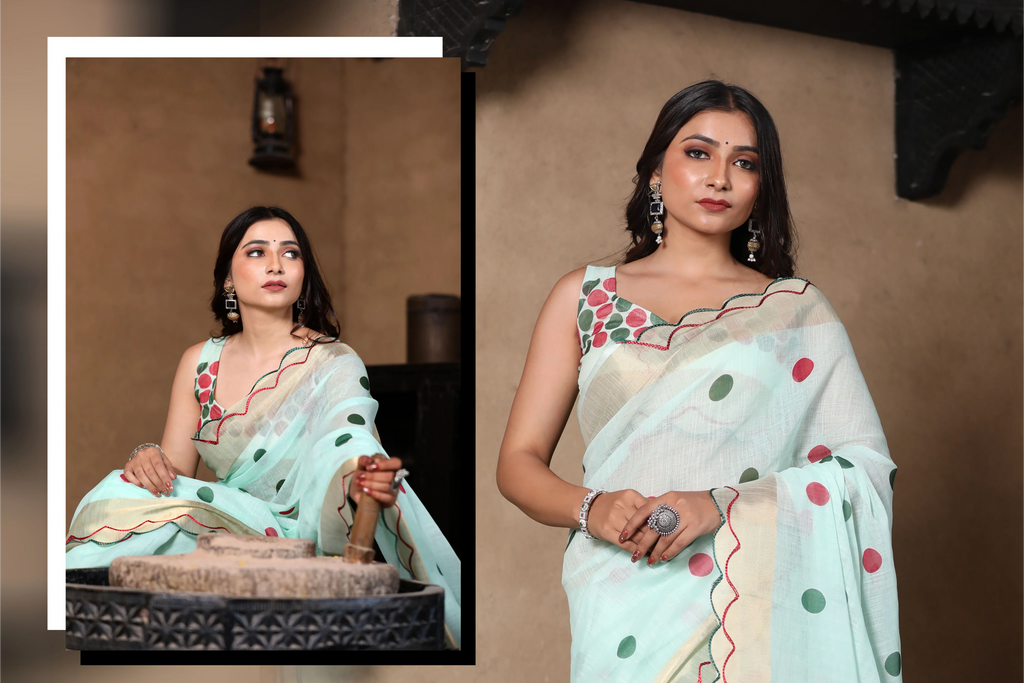 SHYAMIKA Light Blue Khadi Cotton Digital Print Saree with Blouse