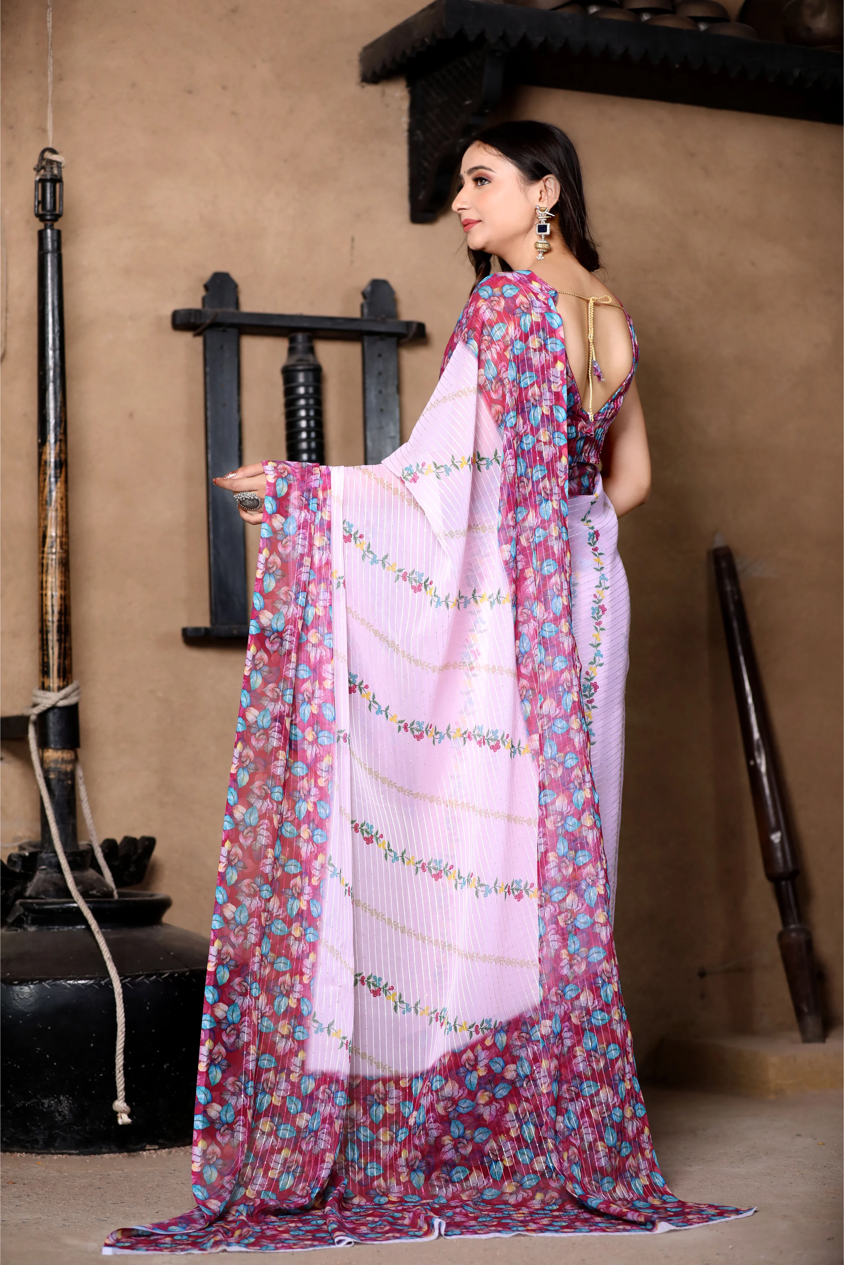 SHYAMIKA Light Pink Khadi Cotton Digital Print Saree with Blouse