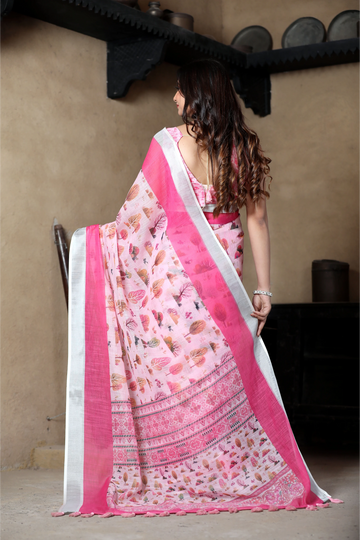 SHYAMIKA Linen Cotton Digital Floral Printed Saree with Blouse