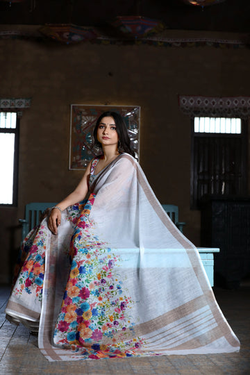 SHYAMIKA Linen Cotton Digital Floral Printed Saree with Blouse