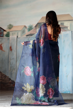 SHYAMIKA Linen Cotton Floral Digital Printed Blue Saree with Blouse