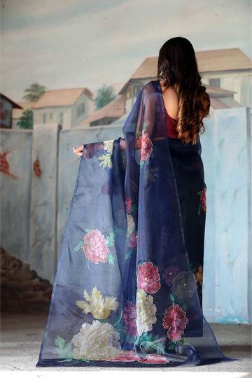 SHYAMIKA Linen Cotton Floral Digital Printed Blue Saree with Blouse