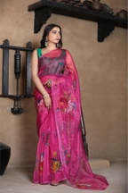 SHYAMIKA Linen Cotton Floral Digital Printed Pink Saree with Blouse