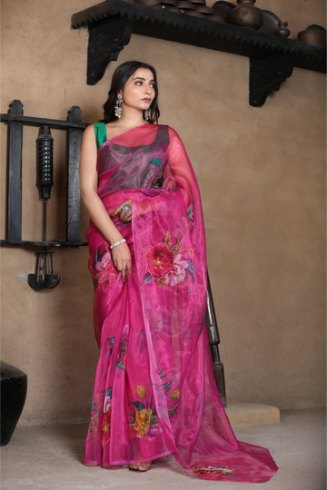 SHYAMIKA Linen Cotton Floral Digital Printed Pink Saree with Blouse