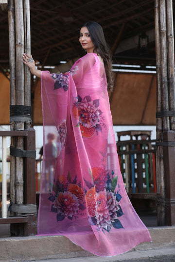 SHYAMIKA Linen Cotton Floral Digital Printed Light Pink Saree with Blouse