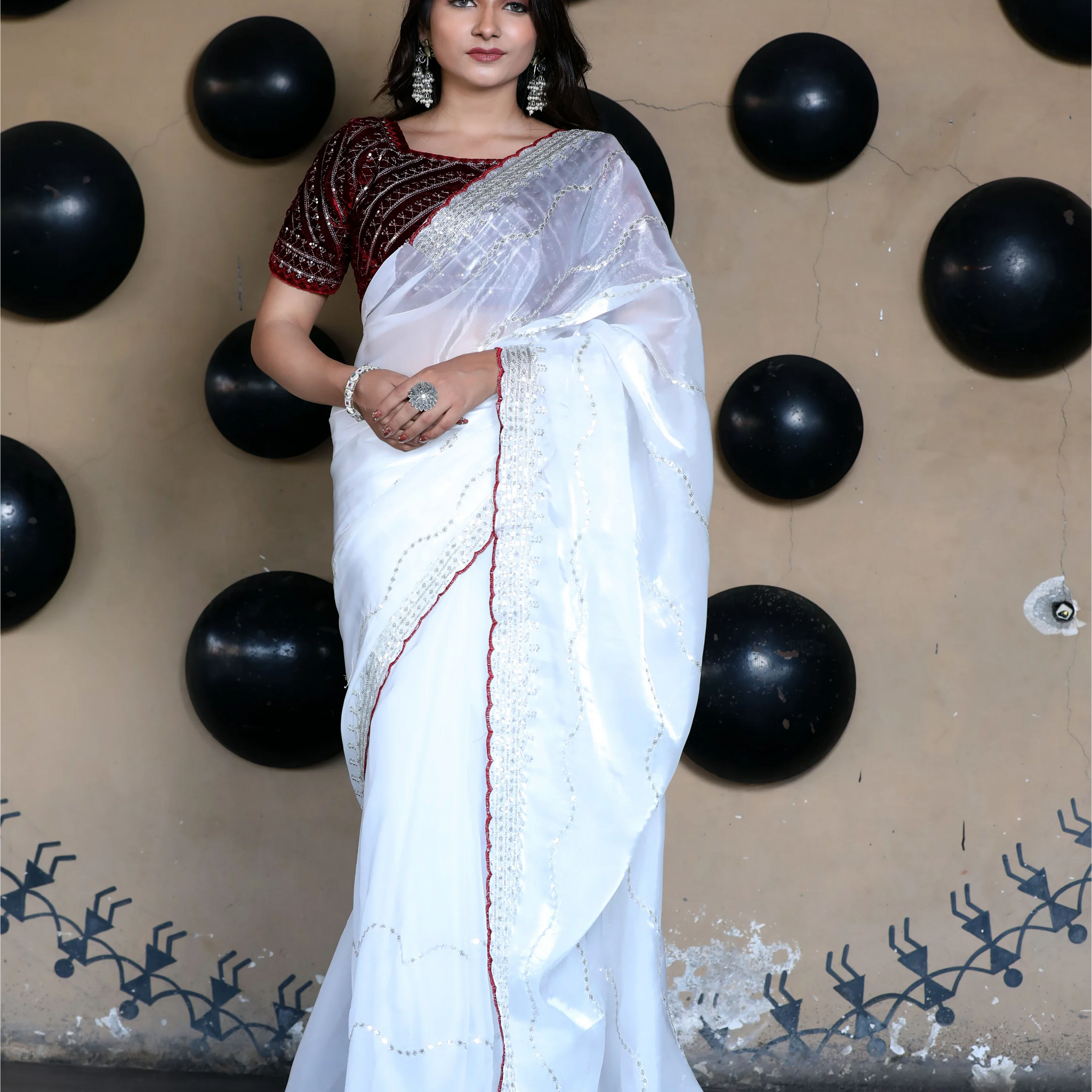 SHYAMIKA Silk Sequence Work White Saree with Blouse