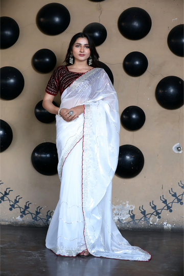 SHYAMIKA Silk Sequence Work White Saree with Blouse