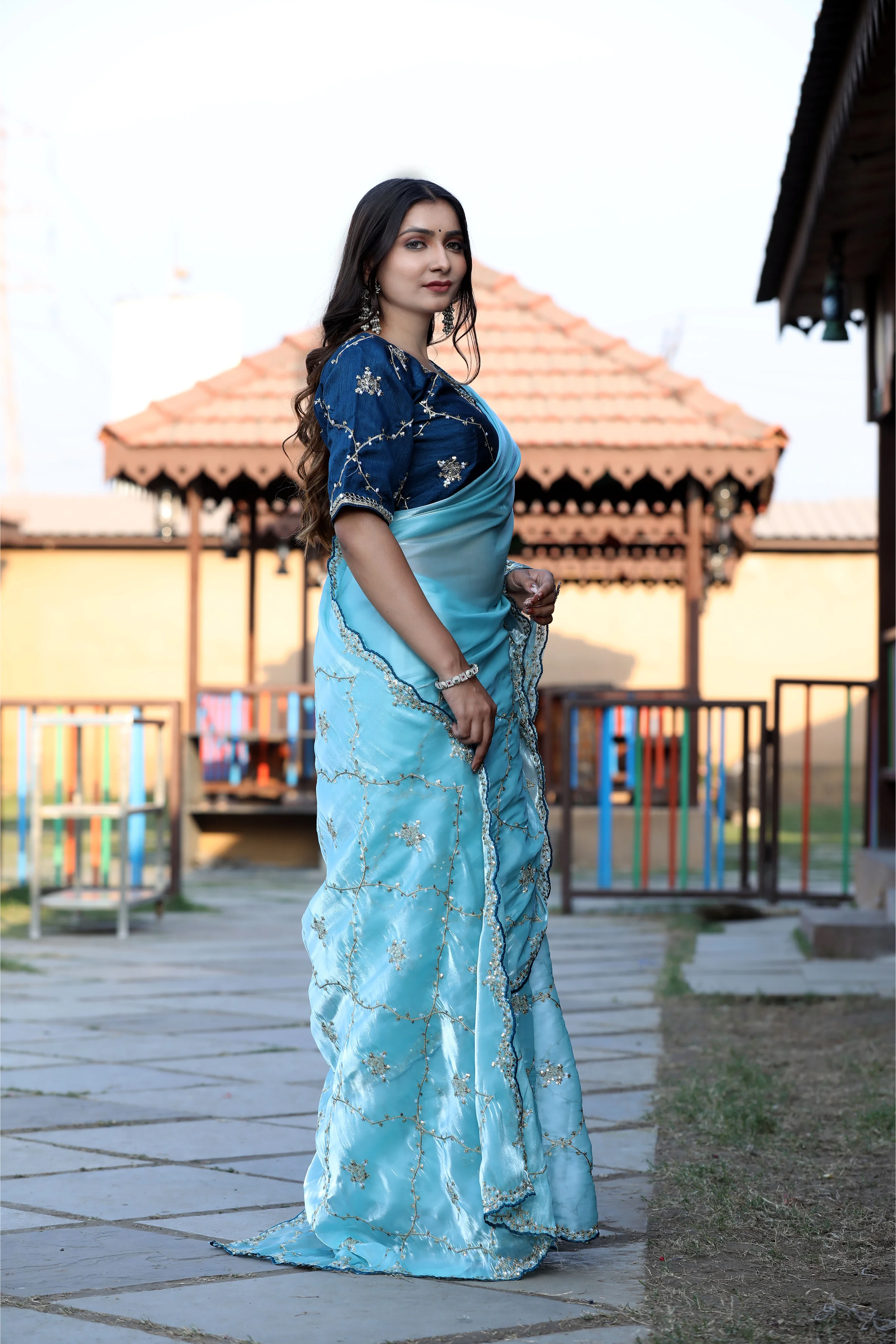 SHYAMIKA Silk Sequence Work Sky Blue Saree with Blouse