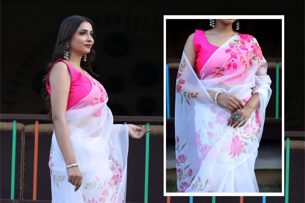 SHYAMIKA Linen Cotton Digital Floral Print Saree with Blouse