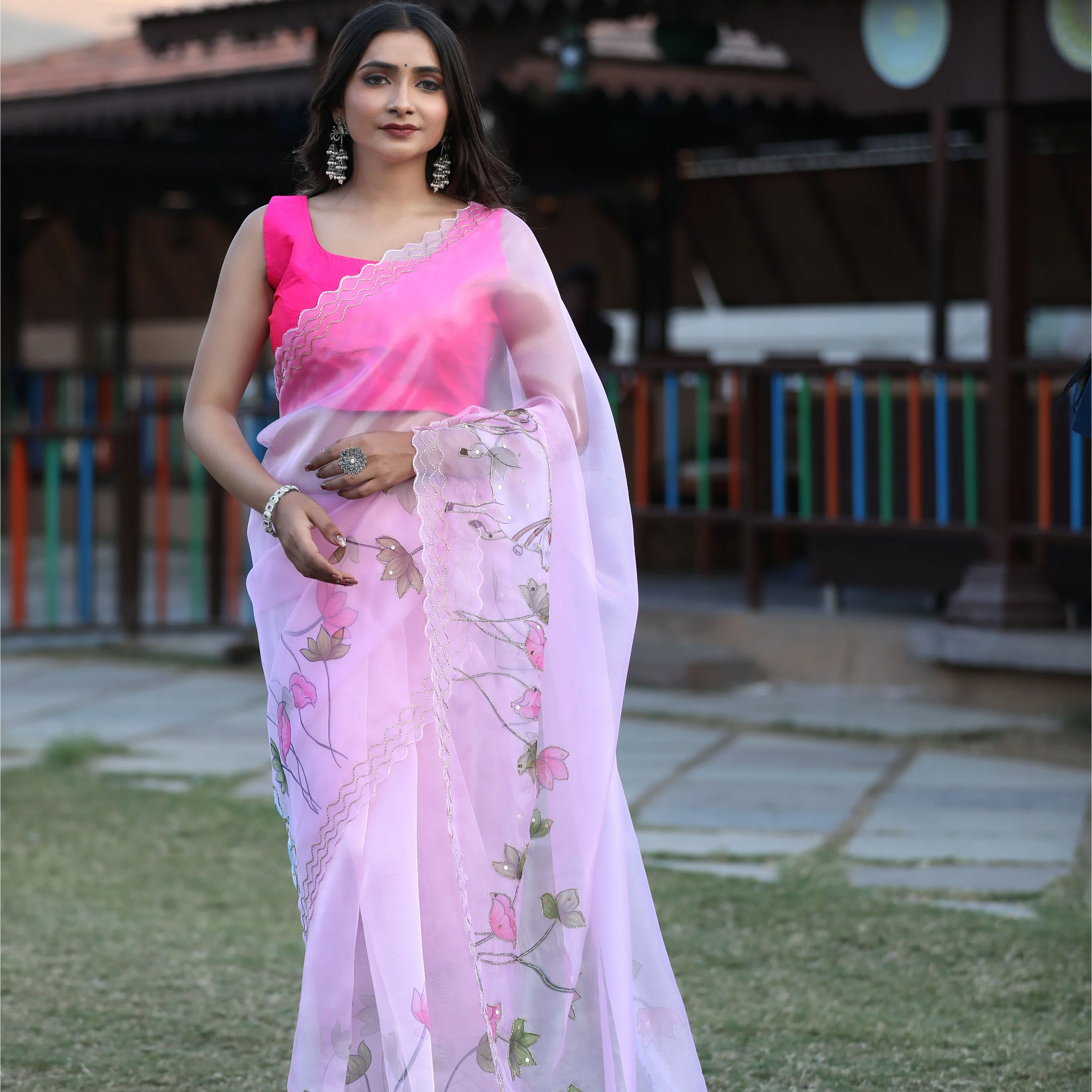 SHYAMIKA Linen Cotton Digital Floral Print Saree with Blouse