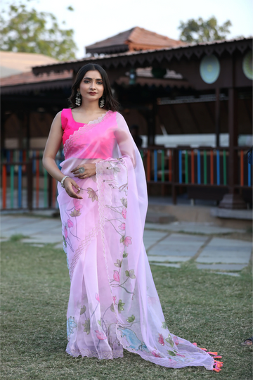 SHYAMIKA Linen Cotton Digital Floral Print Saree with Blouse