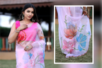 SHYAMIKA Linen Digital Flower Print white pink Saree with Blouse