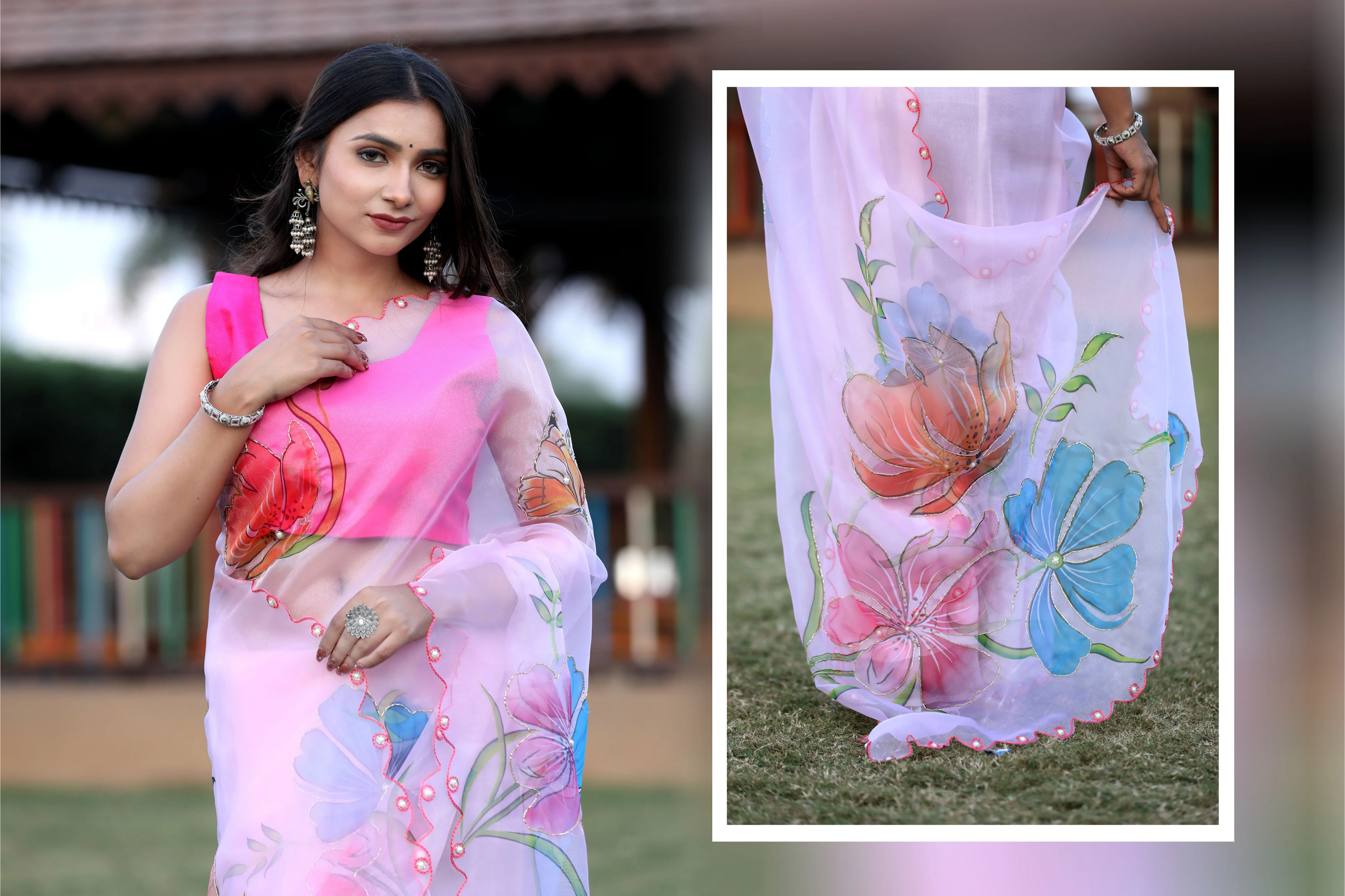 SHYAMIKA Linen Digital Flower Print white pink Saree with Blouse