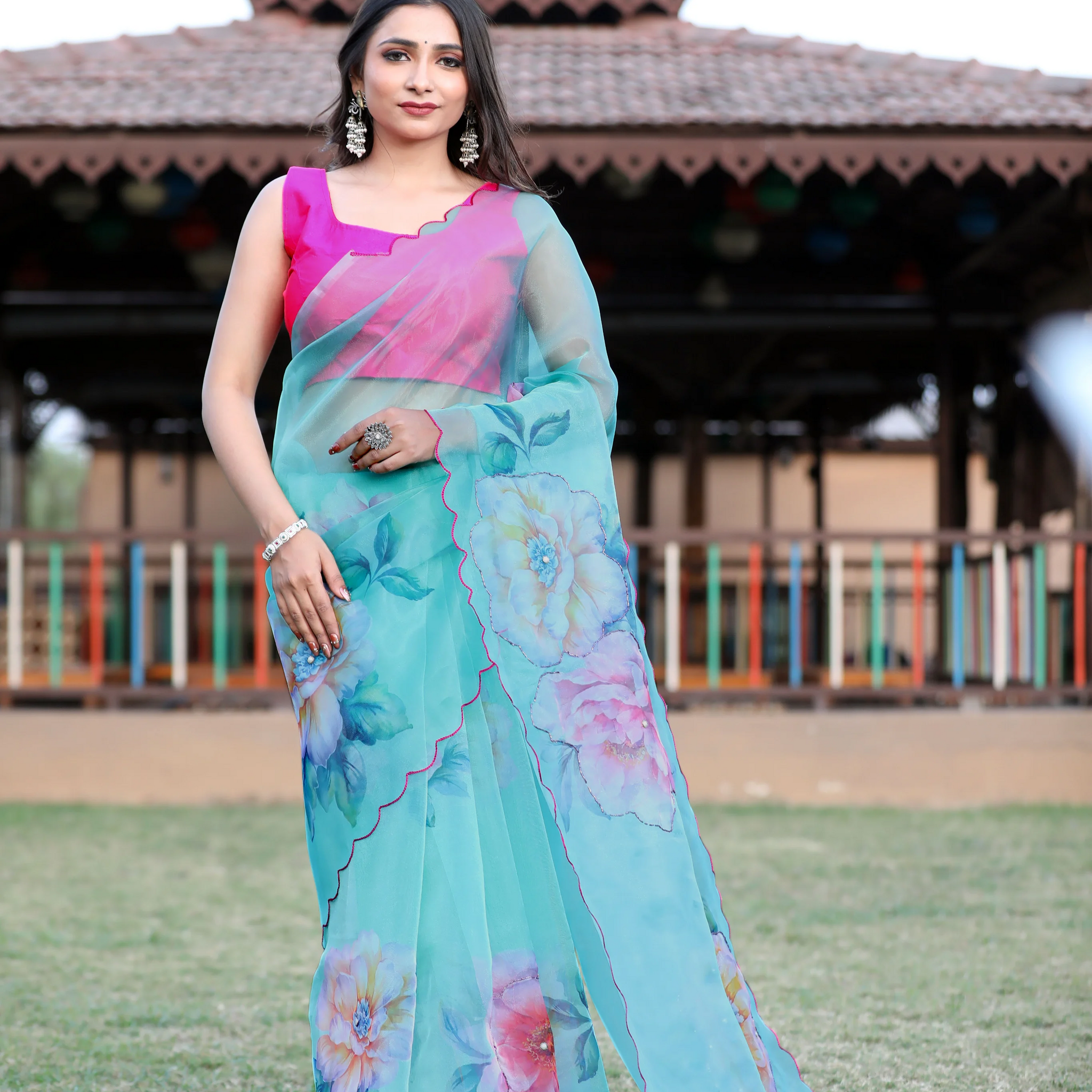 SHYAMIKA Linen Cotton Digital Floral Print Light Blue Saree with Blouse