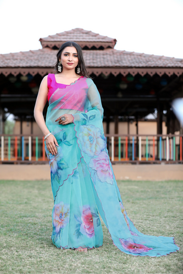 SHYAMIKA Linen Cotton Digital Floral Print Light Blue Saree with Blouse