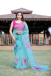 SHYAMIKA Linen Cotton Digital Floral Print Light Blue Saree with Blouse