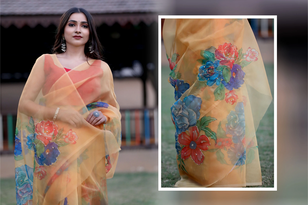 SHYAMIKA Silk Floral Lace Work Orange Saree with Blouse