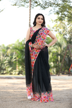 SHYAMIKA Khadi Cotton Digital Print Black Saree with Blouse