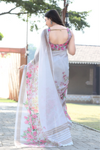 SHYAMIKA Khadi Cotton Digital Print White Saree with Blouse