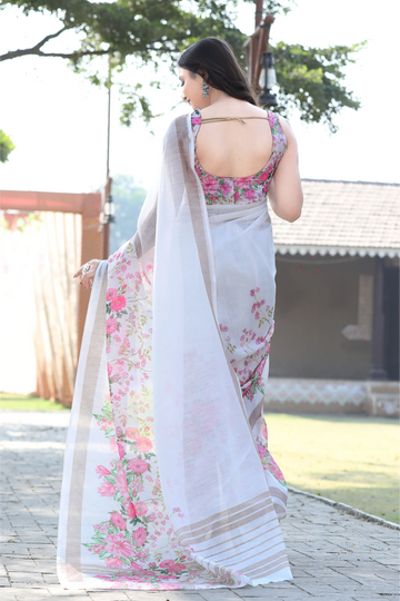SHYAMIKA Khadi Cotton Digital Print White Saree with Blouse