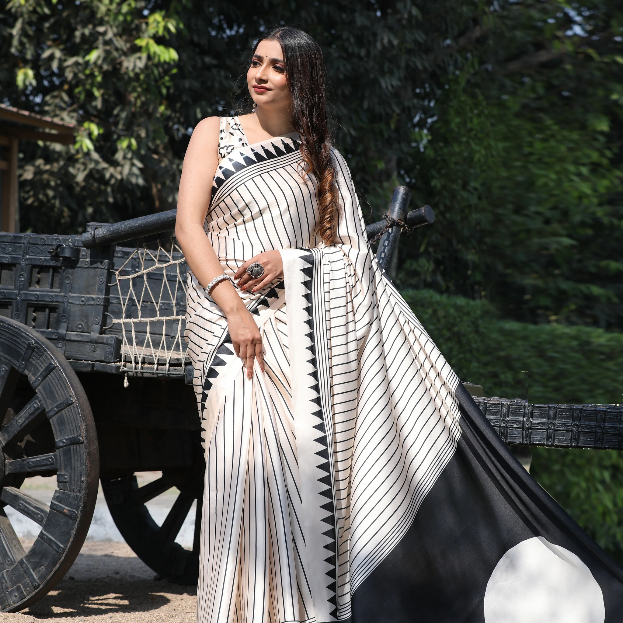 SHYAMIKA Japan Satin Digital Print Cream Saree with Blouse