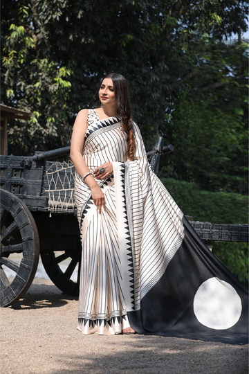 SHYAMIKA Japan Satin Digital Print Cream Saree with Blouse