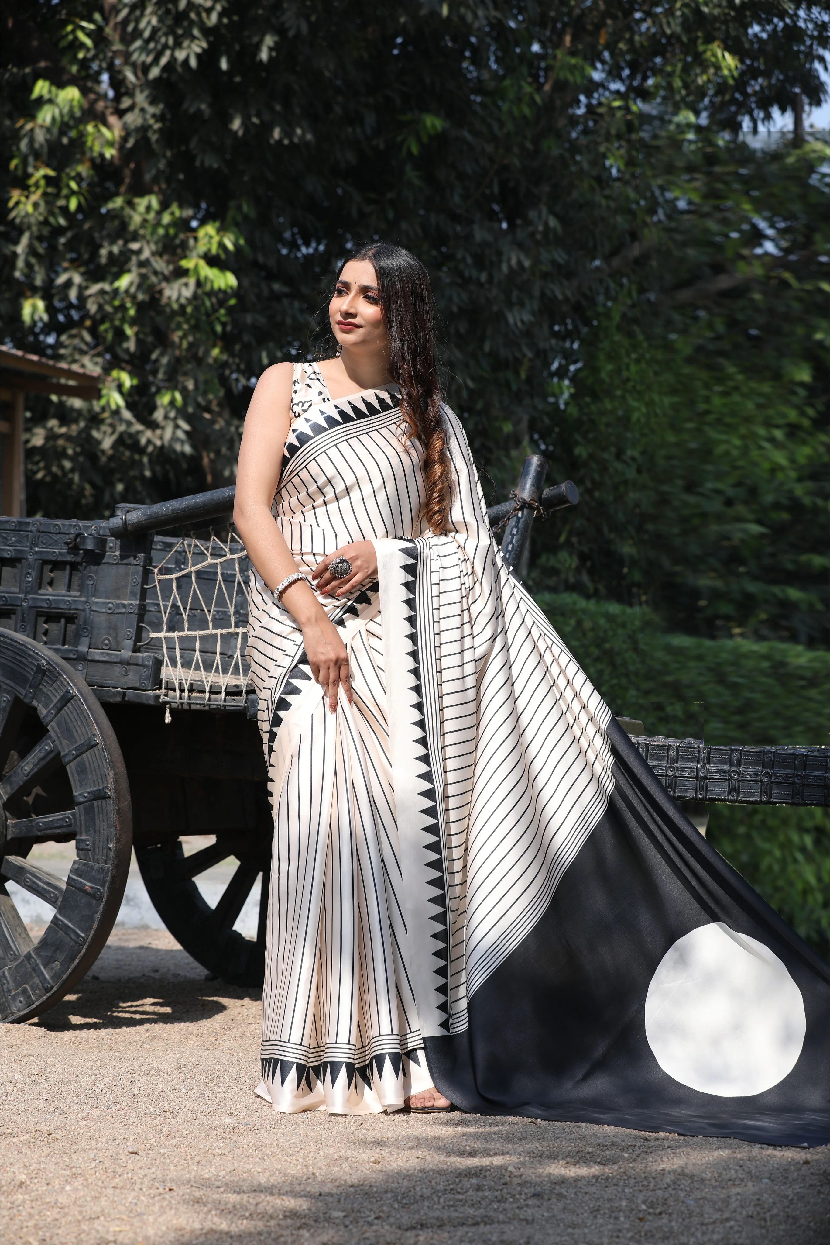 SHYAMIKA Japan Satin Digital Print Cream Saree with Blouse