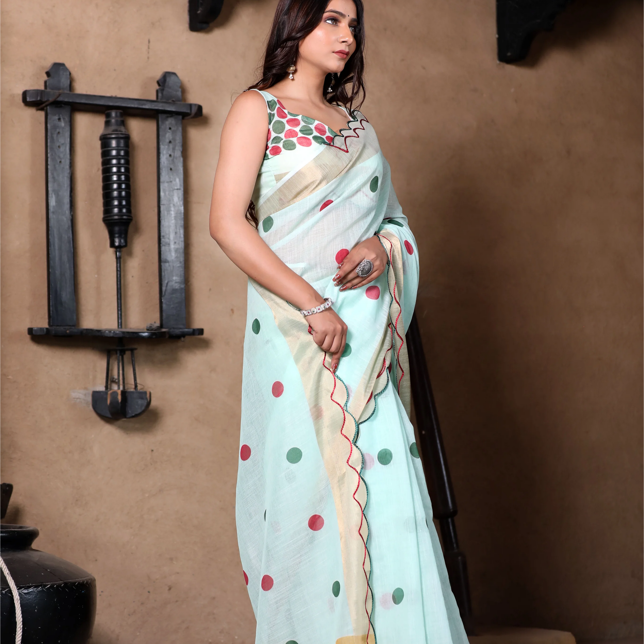 SHYAMIKA Light Blue Khadi Cotton Digital Print Saree with Blouse