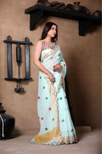 SHYAMIKA Light Blue Khadi Cotton Digital Print Saree with Blouse