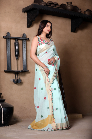 SHYAMIKA Light Blue Khadi Cotton Digital Print Saree with Blouse