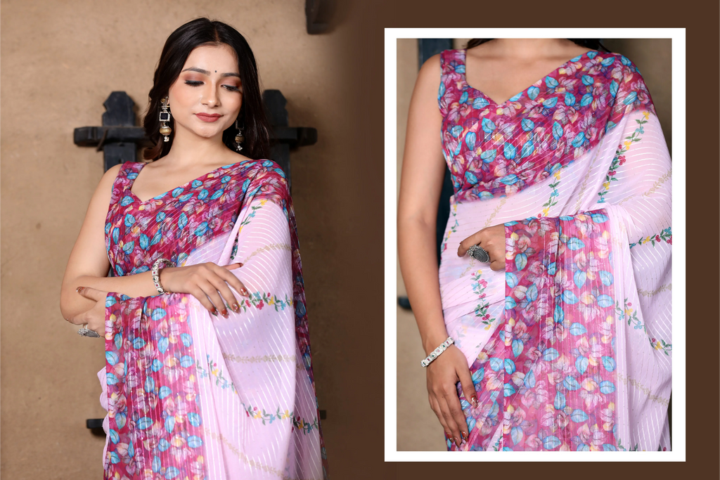 SHYAMIKA Light Pink Khadi Cotton Digital Print Saree with Blouse