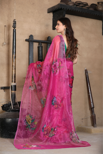 SHYAMIKA Linen Cotton Floral Digital Printed Pink Saree with Blouse