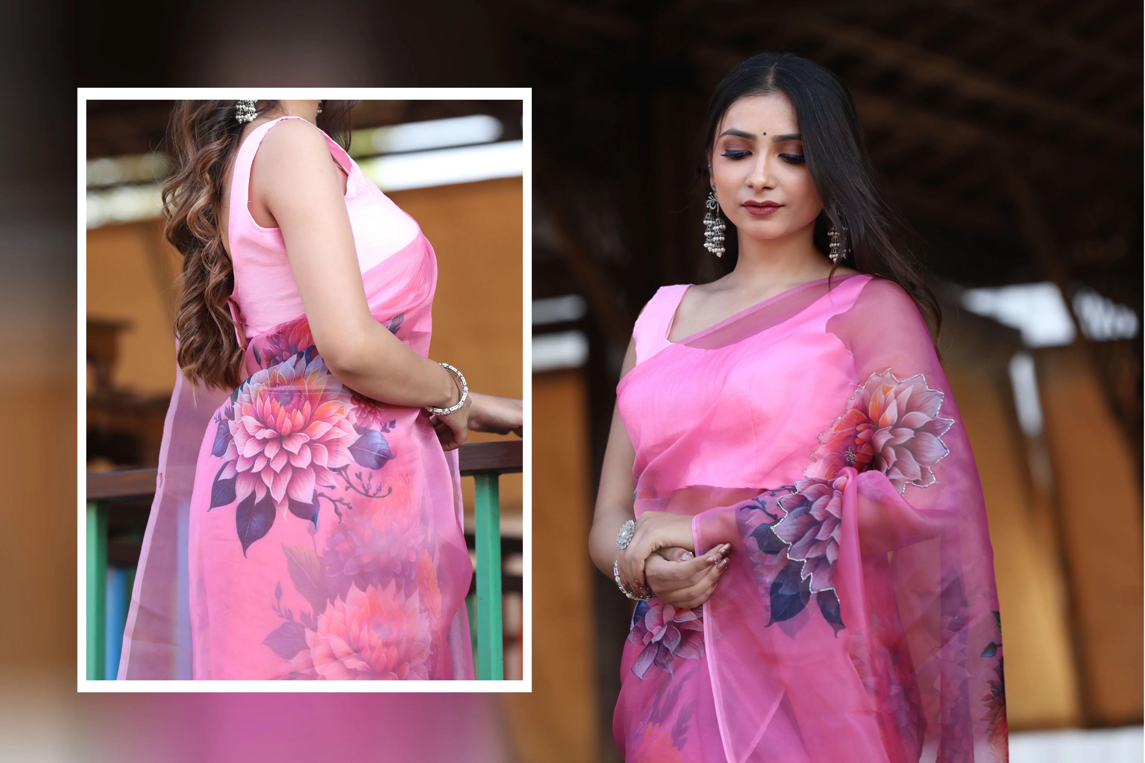 SHYAMIKA Linen Cotton Floral Digital Printed Light Pink Saree with Blouse